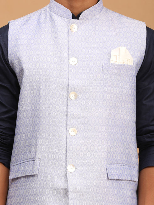 Vastramay Men's Lavender Jacquard Nehru Jacket with Kurta Pyjama Set